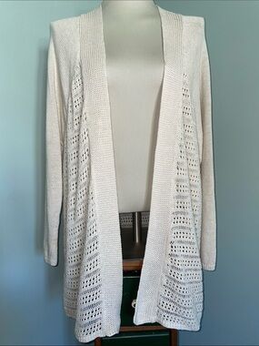 GAP Soft Ivory Linen Cotton Open Knit Long Cardigan Sweater